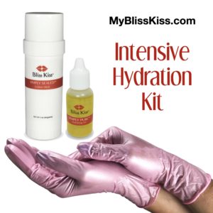 Photo of the Bliss Kiss Intensive Hydration Kit. This kit includes nitrile gloves, a Simply Sealed lotion stick and Simply Pure hydrating nail oil. Nailcarehq.com