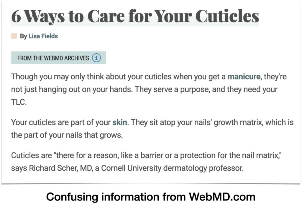 Screenshot of the beginning of a false article about removing cuticles and anatomy published by WebMD.com